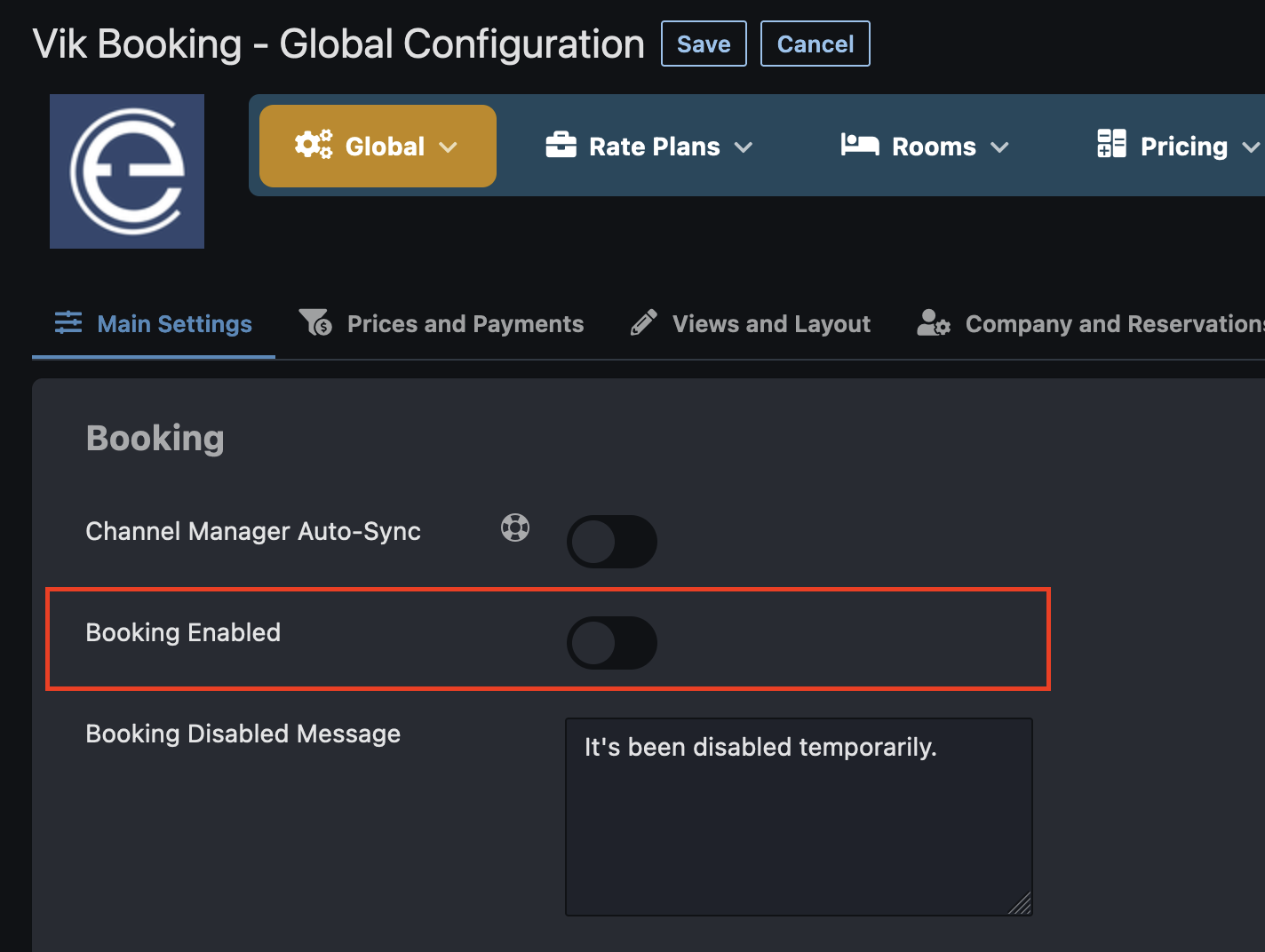 Global configuration Vik Booking
