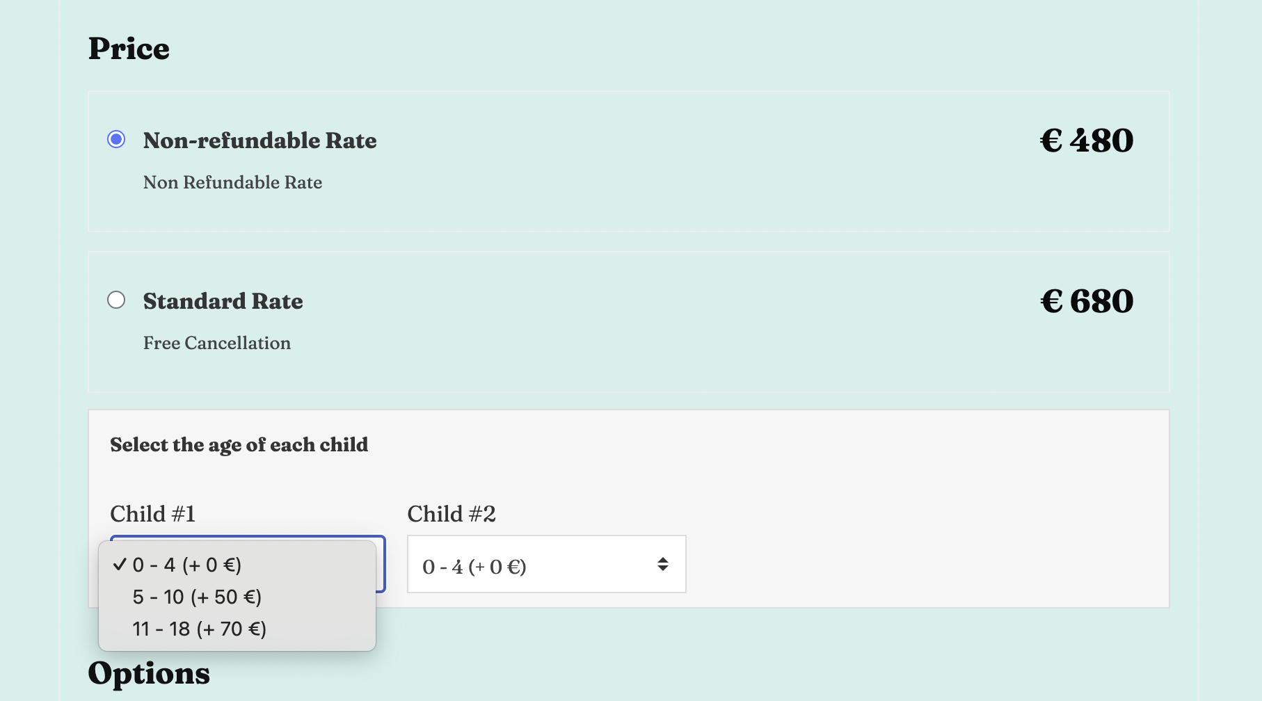 Vik Booking - Options/Extras Example children age interval