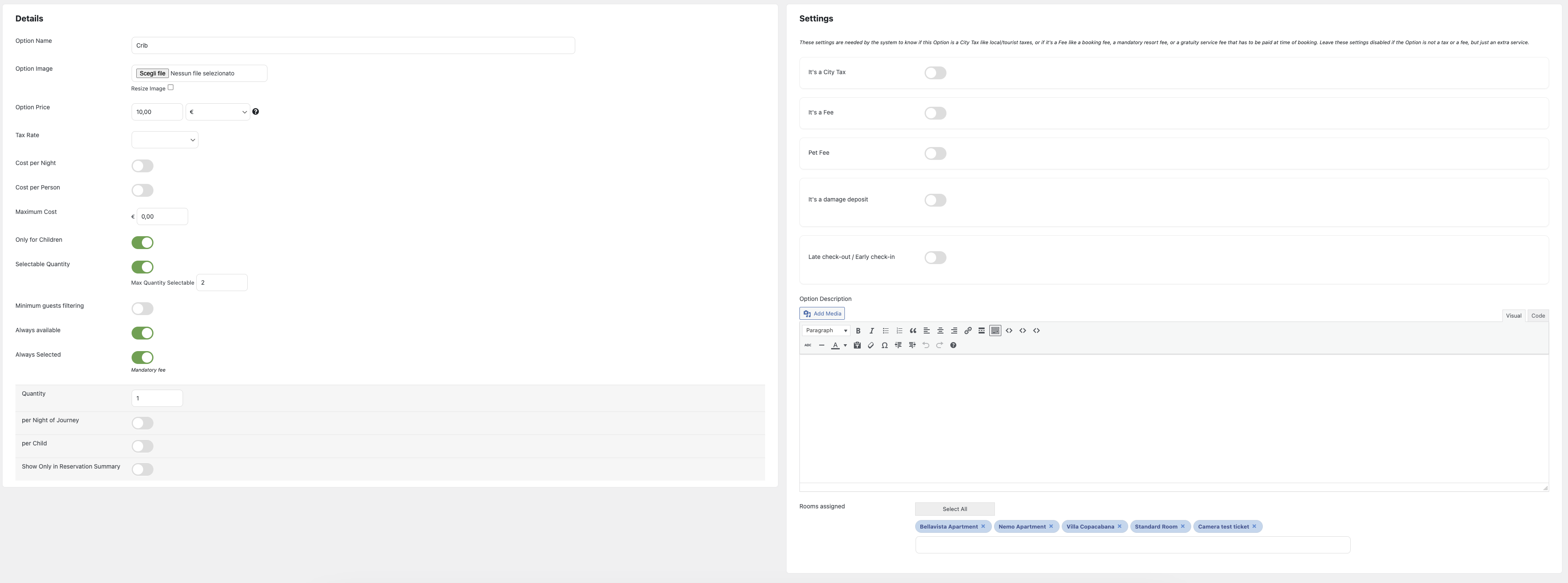 Settings of Options/Extras feature