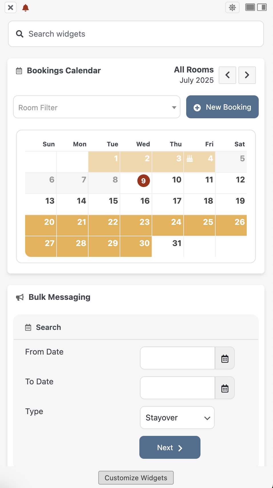 Widgets Display in the menu window