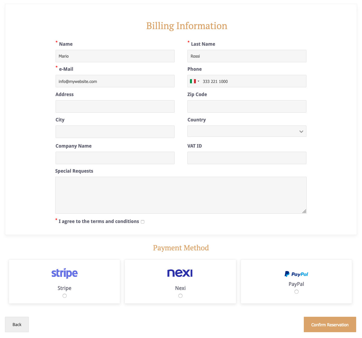 Vik Booking - Reservations Payment by Credit Card (Stripe example)