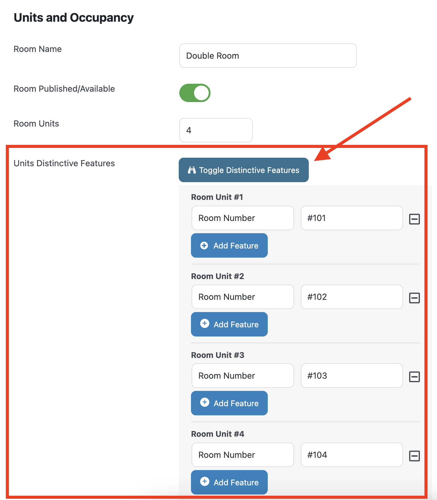 Rooms Distinctive Features in vikbooking