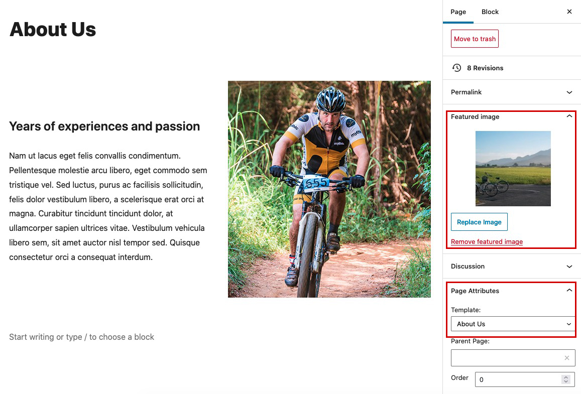 Header About Us admin page - Bike Rental Theme