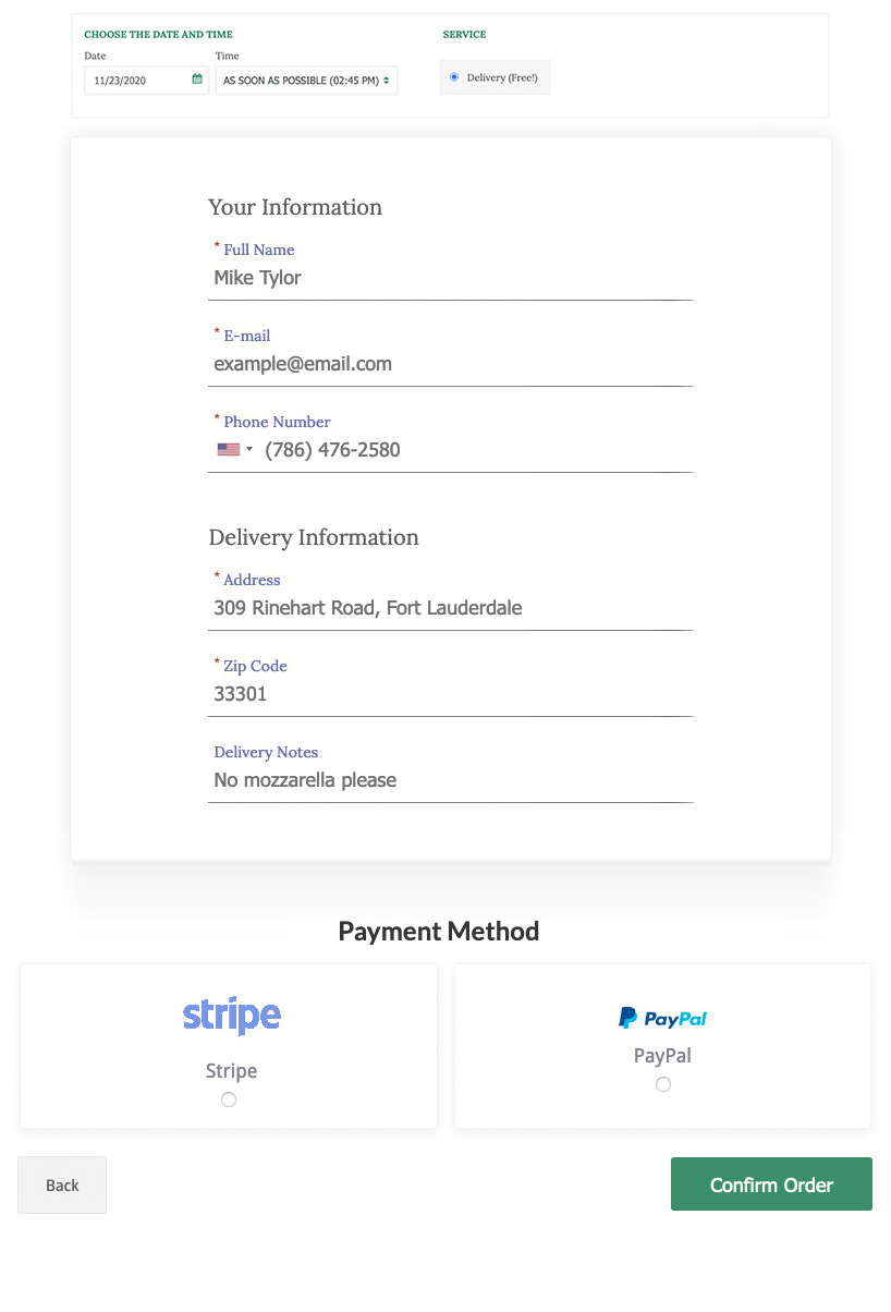 Restaurant and Take-Away plugin WordPress payment system